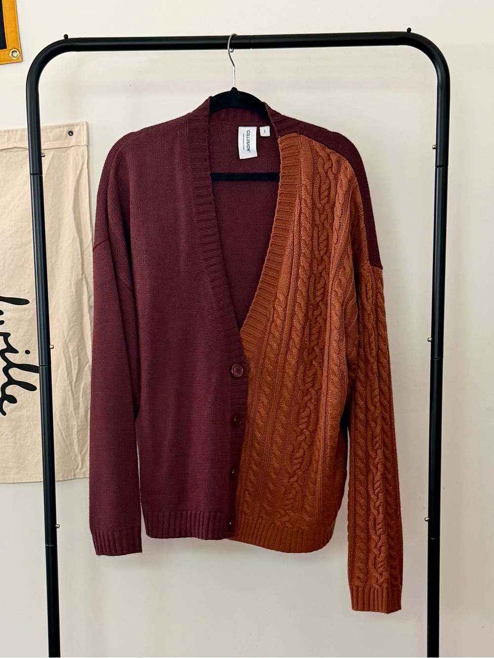 Collusion Two-Tone Cable Knit Cardigan Sweater - Burgundy & Burnt Orange